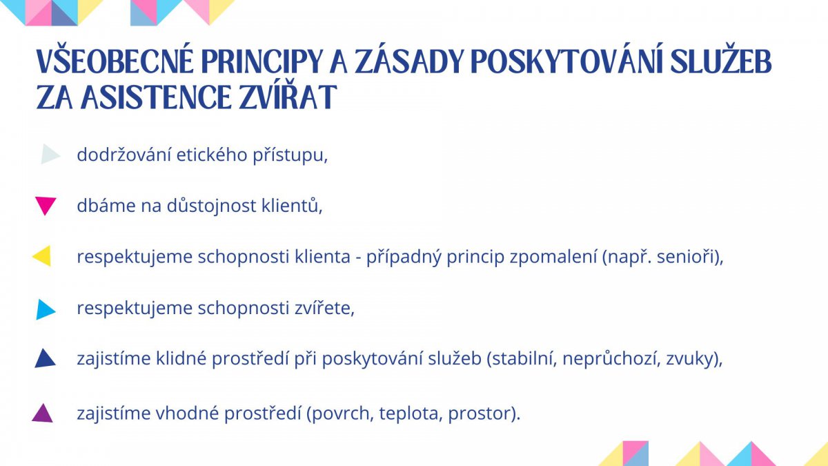 Principy a zásady služeb za asistence zvířat během přímého poskytování AAS u klientů